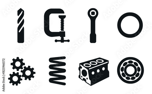 Industrial tool silhouettes on dark background featuring gears and wrench