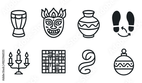 Cultural icon set: drum, mask, vase, dance steps, candelabra, mosaic, ribbon, ornament