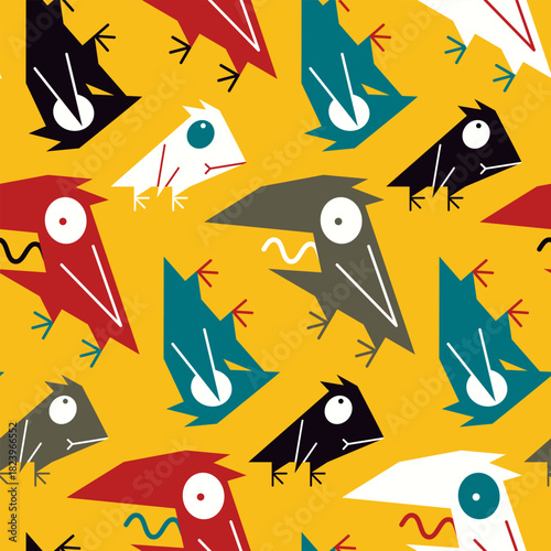Seamless pattern with a crazy screaming crow. Colorful wallpaper, textile print with cute weird animal, cartoon funky bird. Flat retro style design of graphic bird in abstract. Vector illustration.