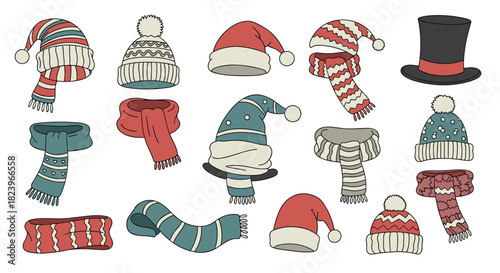 Large collection of hand-drawn winter hats and scarves including beanies Santa hats and a top hat for cold weather apparel.