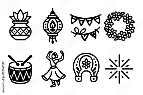Indian festival celebration icons: pot, lantern, garlands, wreath, drum, dancer, horseshoe, fireworks