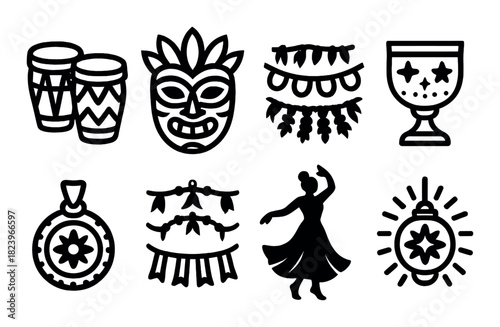 Silhouette symbols of latin american culture: dance, masks, drums, and decorations