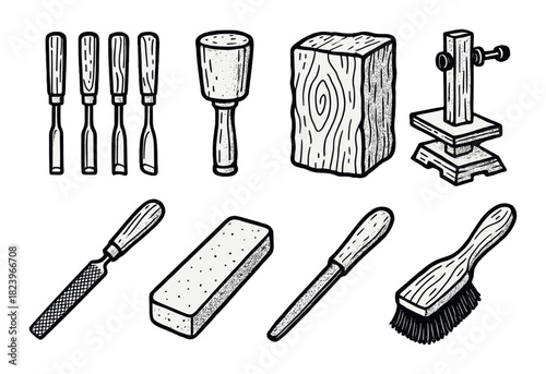 Handcrafted woodworking tools and equipment collection on dark background