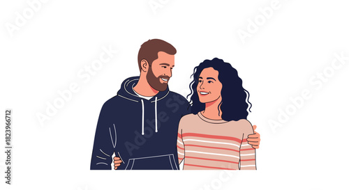 Happy young couple in love smiling and embracing each other showing a strong and healthy romantic relationship illustration.