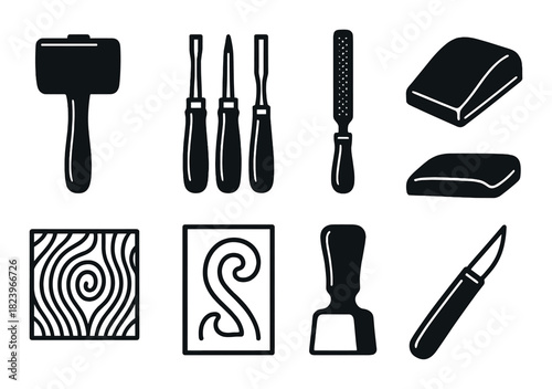 Silhouette of carpenter tools on dark background