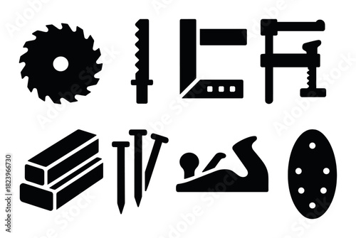 Silhouettes of essential carpentry tools on dark background
