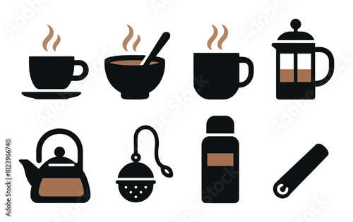 Silhouettes of teacups and coffee mugs with kettle and tea accessories on dark background