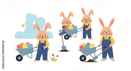 Set of cute cartoon Easter bunny characters in overalls with a wheelbarrow full of colorful decorated Easter eggs for spring.