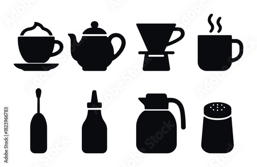 Silhouette icons of coffee and kitchenware on dark background