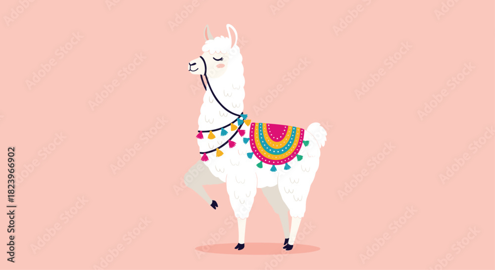 Naklejka premium Cute white llama character with closed eyes wearing a colorful traditional harness and saddle against a solid pink background.