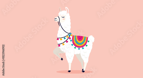 Cute white llama character with closed eyes wearing a colorful traditional harness and saddle against a solid pink background.