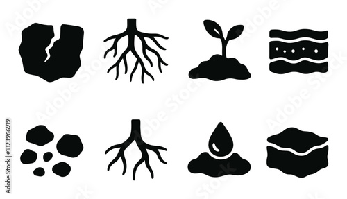 Collection of silhouette icons depicting plant growth and soil elements