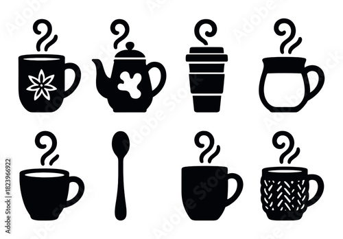 Variety of coffee and tea silhouettes on dark background