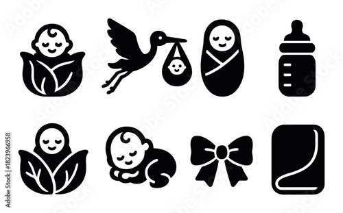 Black baby icons set: stork, swaddle, bottle, bow, sleeping, rosebud