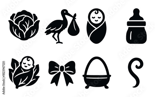 Baby shower icons with stork, baby, bottle, and bow on brown background