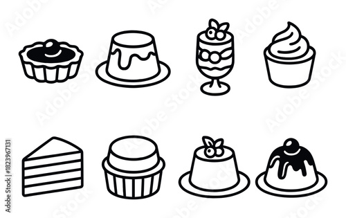 Assorted dessert icons: cakes, puddings, and cupcakes in elegant silhouette design