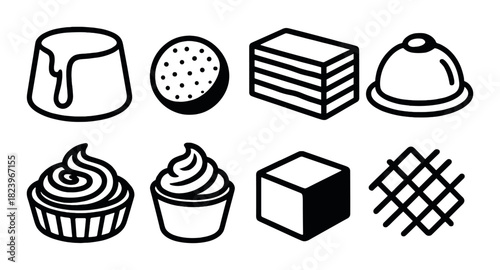 Assorted black silhouettes of pastry and dessert icons on dark background