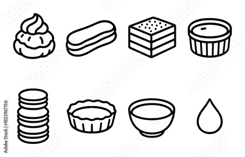 Assorted dessert icons featuring pastry, cake, and tarts