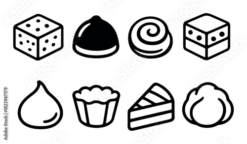 Minimalist icons of diverse sweets on dark background