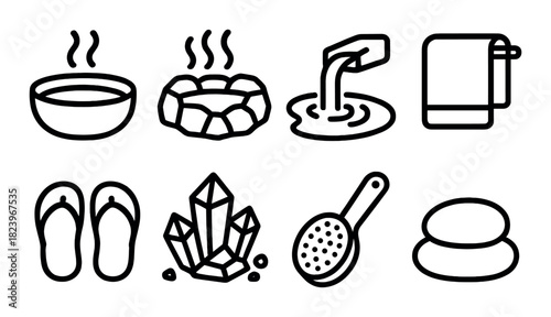 Thermal spa icons: sauna, hot spring, towel, flip-flops, crystals, sponge