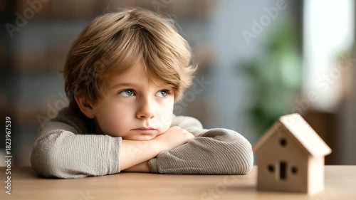 Sad bored lonely kid in defocused home depressed, faceless upset child, thinking visualization detail, blurred house background, loneliness concept, depression interface, mental he