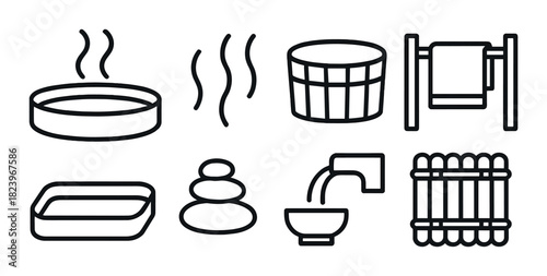 Minimalist spa icon set: hot tub, sauna, towel, spa stones, water tap, fence