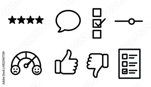 Feedback and rating icons: stars, speech bubble, checkboxes, sliders, thumbs up, thumbs down, survey