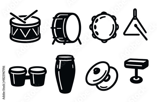 Silhouette collection of various percussion instruments on dark background