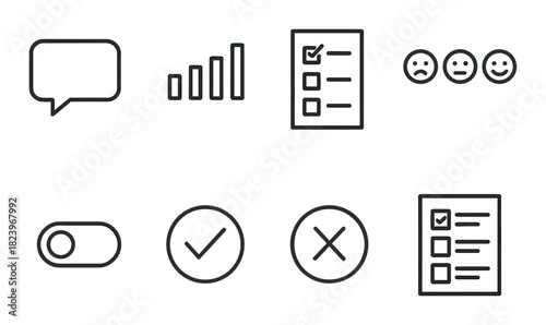 Set of minimalistic black gray icons: communication, checklist, toggle, rating, graph