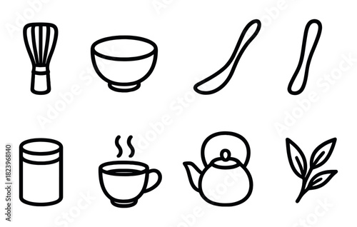 Minimalist icons of traditional tea ceremony tools on black background