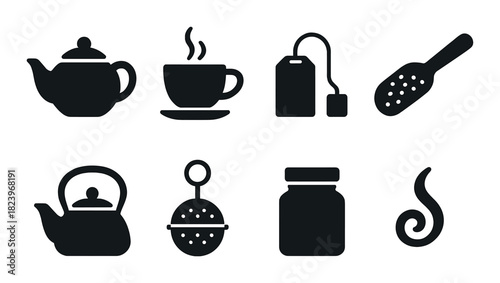 Silhouettes of tea utensils on dark background