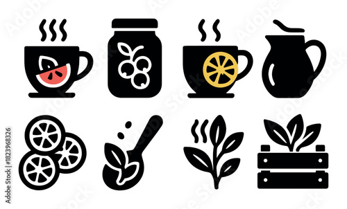 Hot beverages and ingredients icons featuring cups, lemon slices, mint leaves, and jar silhouettes