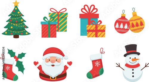 “Festive Christmas holiday icons with Santa snowman Christmas tree gifts stockings ornaments holly decorations winter celebration elements isolated illustration set”