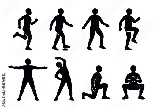 Silhouettes of diverse exercise poses on dark background