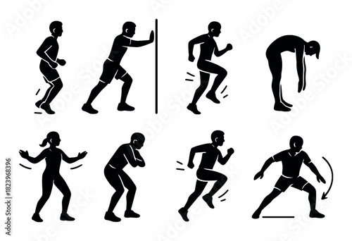 Silhouettes of male athletes in various running and stretching poses