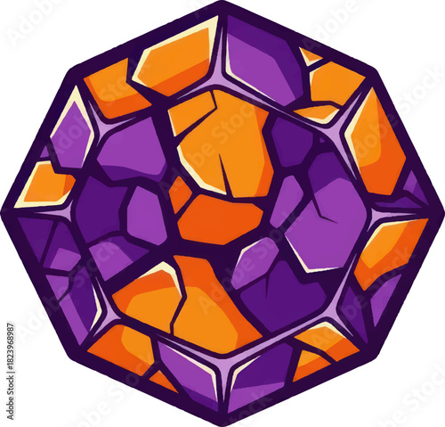 Vibrant polygonal gem with cracked texture in purple and orange hues.