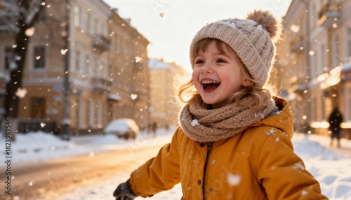Fototapeta Naklejka Na Ścianę i Meble -  Joyful child experiencing a magical winter snowfall in a sun-drenched urban street, capturing pure happiness and childhood wonder.