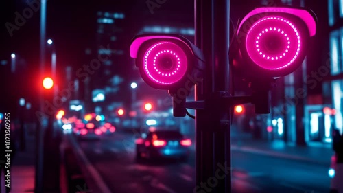 City surveillance cameras with vibrant neon lights protect urban streets at night