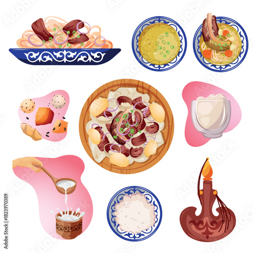 kazakh traditional food hand drawn