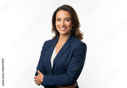 A smiling businesswoman in a blue suit stands with arms crossed against a white background.