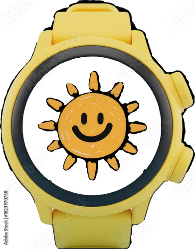 Yellow wristwatch with a smiling sun face on the watch face.