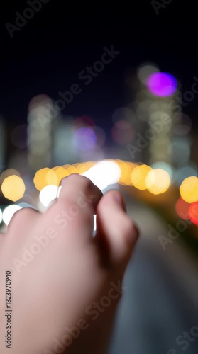 Finger pointing blurred city lights night hand with colorful bokeh light creating dreamy urban atmosphere and magical light