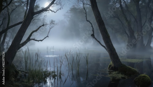 Eerie swamp landscape with fog and dark trees.