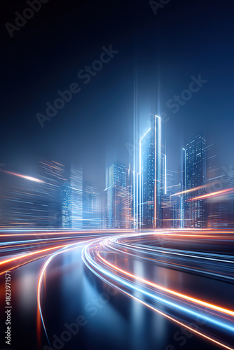 Abstract style futuristic city architecture and road skyline