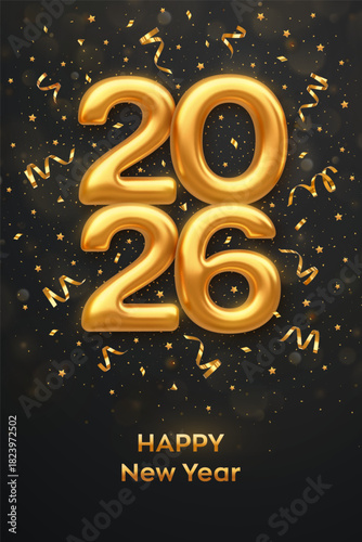 Happy New Year 2026. Golden 3D numbers 2026 on black background. Realistic festive metallic luxury gold numbers. Happy New Year poster, party invitation. Merry Christmas card. Vector illustration.