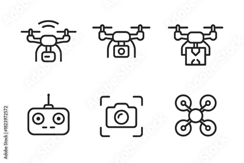 Drone icon set: control, camera, delivery, signal, remote, quadrotor graphics