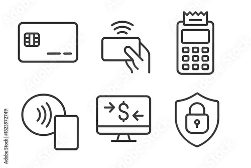 Contactless payment icons set: card, devices, security, money transfer