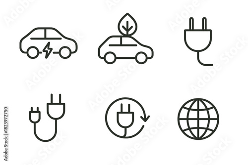 Electric and eco-friendly car icons with plug and globe symbols