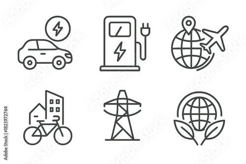 Electric vehicles and sustainable energy icons set