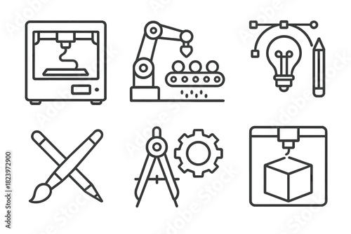 Set of design and manufacturing icons featuring 3d printer and tools